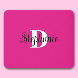 Girl Hot Pink Black and White Modern Monogram Mousepad