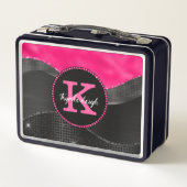Girl Hot Pink Black Gray Waves Glam Monogram Name Metall Brotdose (Rückseite)