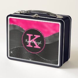Girl Hot Pink Black Gray Waves Glam Monogram Name Metall Brotdose