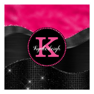 Girl Hot Pink Black Gray Waves Glam Monogram Name Poster
