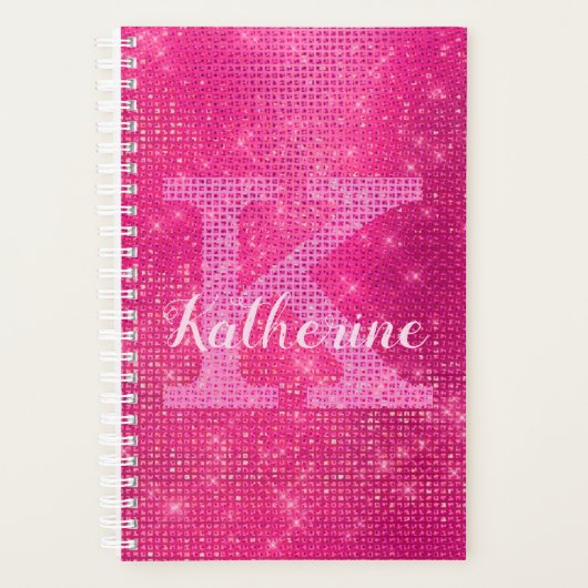 Girl Hot Pink Diamond Glam Sparkle Monogram Name Planer (Vorderseite)