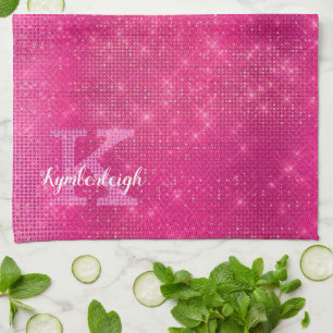 Girl Hot Pink Glam Diamond Sparkle Monogram Name Geschirrtuch
