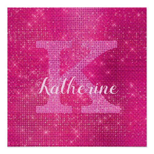 Girl Hot Pink Glam Glitzer Sparkle Monogram Name Poster (Vorderseite)