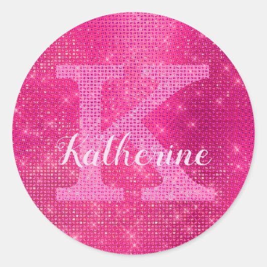 Girl Hot Pink Glitzer Glam Sparkle Monogram Name Runder Aufkleber (Vorderseite)