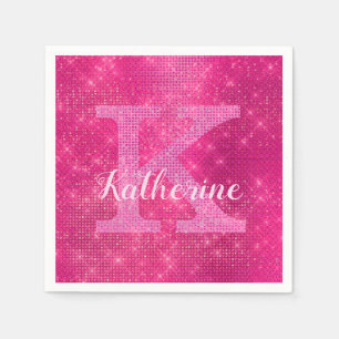 Girl Hot Pink Glitzer Glam Sparkle Monogramm Name Serviette