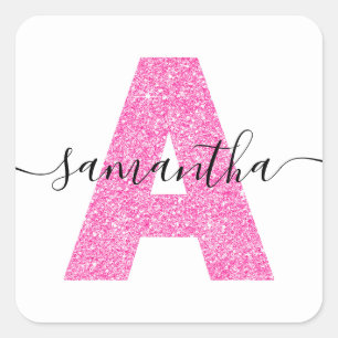 Girl Hot Pink Glitzer Letter A Monogram Quadratischer Aufkleber