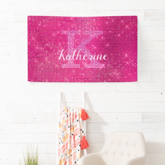 Girl Hot Pink Glitzer Sparkle Monogram Name Dorm Banner (Insitu)