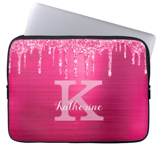 Girl Hot Pink Glitzer Tropfen Chic Monogram Name Laptopschutzhülle (Vorderseite)