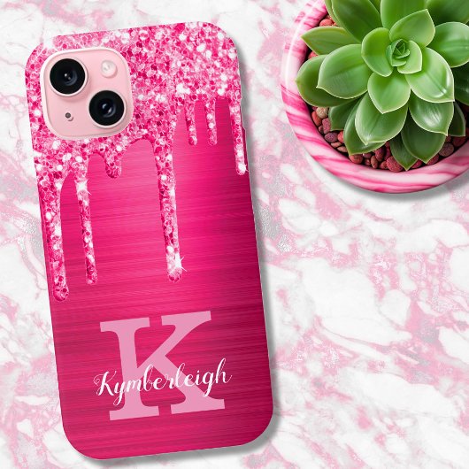Girl Hot Pink Glitzer Tropfen Glam Monogram Name Case-Mate iPhone Hülle