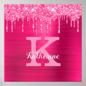 Girl Hot Pink Glitzer Tropfen Glam Monogram Name Poster (Vorne)