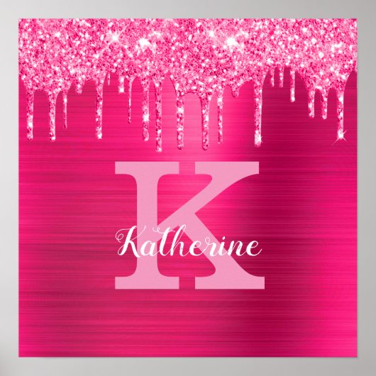 Girl Hot Pink Glitzer Tropfen Glam Monogram Name Poster (Vorne)