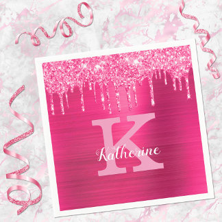 Girl Hot Pink Glitzer Tropfen Glam Monogram Name Serviette