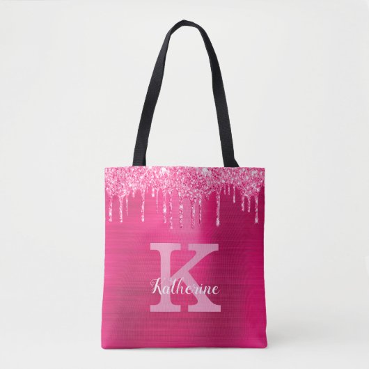 Girl Hot Pink Glitzer Tropfen Glam Monogram Name Tasche (Vorderseite)