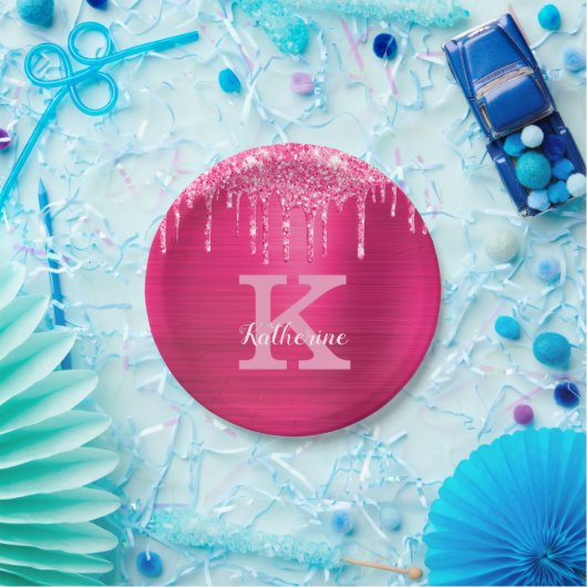 Girl-Hot-Pink-Glitzer-Tropfen Glam Monogramm-Name Pappteller (Party)