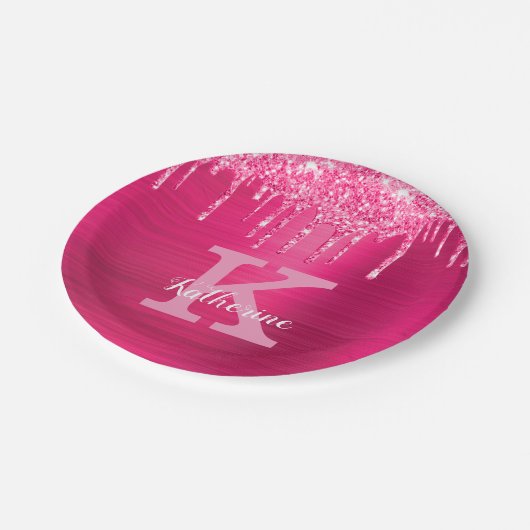 Girl-Hot-Pink-Glitzer-Tropfen Glam Monogramm-Name Pappteller (Schrägansicht)