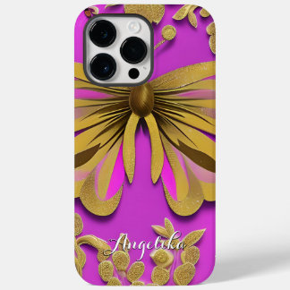 Girl Hot Pink Gold Butterfly Personalisierter Name Case-Mate iPhone 14 Pro Max Hülle