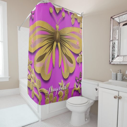 Girl Hot Pink Gold Butterfly Personalisierter Name Duschvorhang (Beispiel)