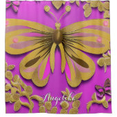 Girl Hot Pink Gold Butterfly Personalisierter Name Duschvorhang (Vorderseite)