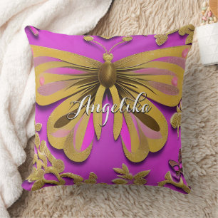 Girl Hot Pink Gold Butterfly Personalisierter Name Kissen