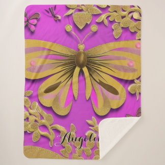 Girl Hot Pink Gold Butterfly Personalisierter Name Sherpadecke