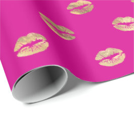 Girl Hot Pink Gold Kiss Lips Muster  Geschenkpapier