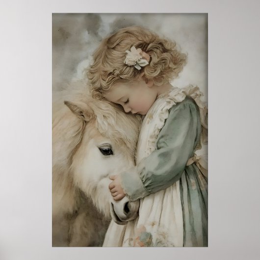 Girl Hugs Pony Antique Print, Rustic Cottagecore Poster (Vorne)