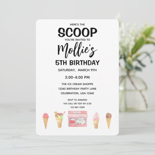 Girl Ice Cream Cone Pink Party Einladung (Stehend Vorderseite)