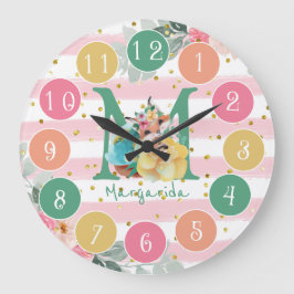 Girl Illustration Gold Glitter Pink Floral Nursery Große Wanduhr