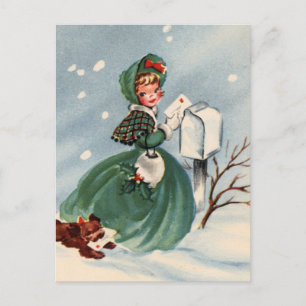 Girl in Green Coat Mailing Weihnachtskarten Feiertagspostkarte