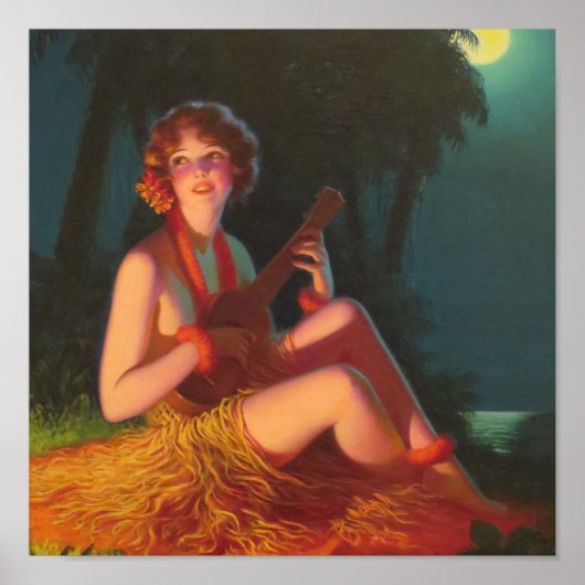 Girl in Moonlight with Banjo Ukulele Poster (Vorne)