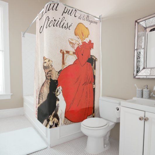 Girl in Red Dress Drinking Milk Steinlen Poster Duschvorhang (Beispiel)