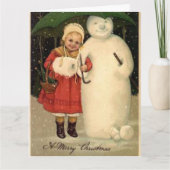 Girl in Red Jacket mit Snowman Holiday Postcard Karte (Vorderseite)