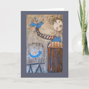 Girl in stripes with two birds card karte