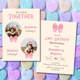 Girl Joint Birthday Niedlich Pink Bow Pearl Foto Einladung
