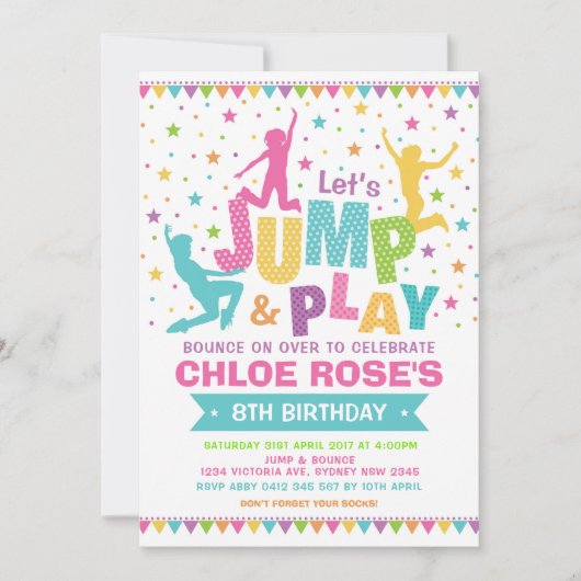 Girl Jump Birthday Party Bounce House Trampolin Einladung (Vorderseite)