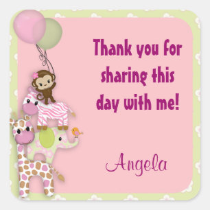 Girl Jungle Safari Tierkleben Rosa JJ Quadratischer Aufkleber