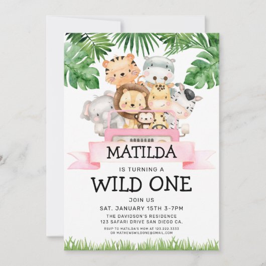 Girl Jungle Safari Wild Einladung zum Geburtstag (Vorderseite)