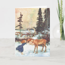 "Girl kissing a reindeer" Vintage Christmas card Feiertagskarte
