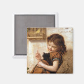 Girl, Kitty Cat & Bird - Vintage Malerei Magnet (Vorderseite/Rückseite)