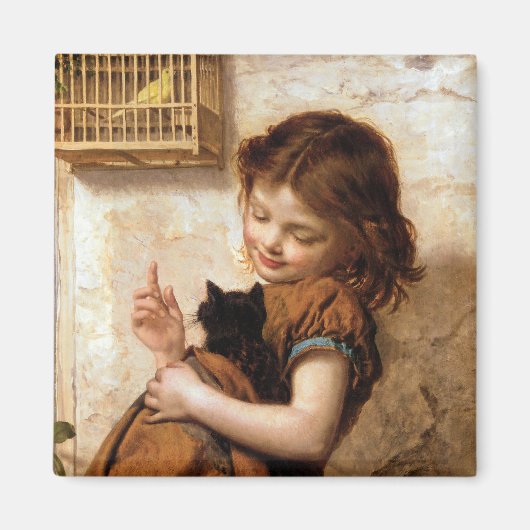 Girl, Kitty Cat & Bird - Vintage Malerei Magnet (Vorne)