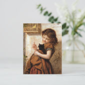 Girl, Kitty Cat & Bird - Vintage Malerei Postkarte (Stehend Vorderseite)