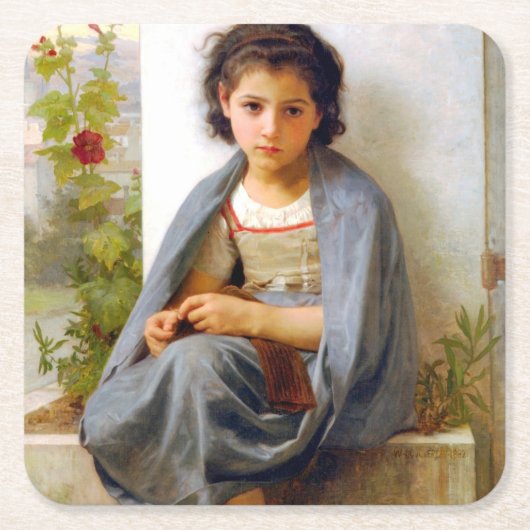 Girl Knitting, Bouguereau Rechteckiger Pappuntersetzer (Vorderseite)