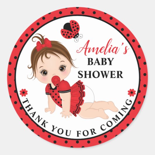Girl Ladybug Baby Shower Classic Round Sticker (Vorderseite)
