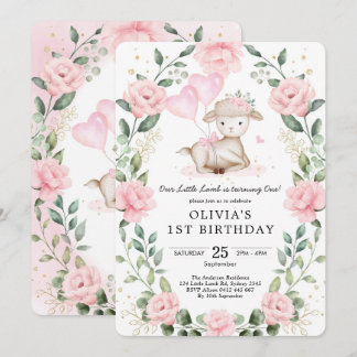 Girl Lamb Baby Sheep Blush Floral 1. Geburtstag Einladung