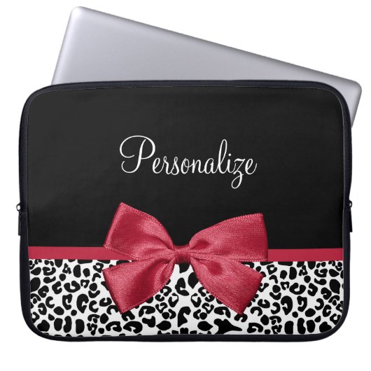 Girl Leopard Print Bright Red Ribbon mit Namen Laptopschutzhülle (Vorderseite)