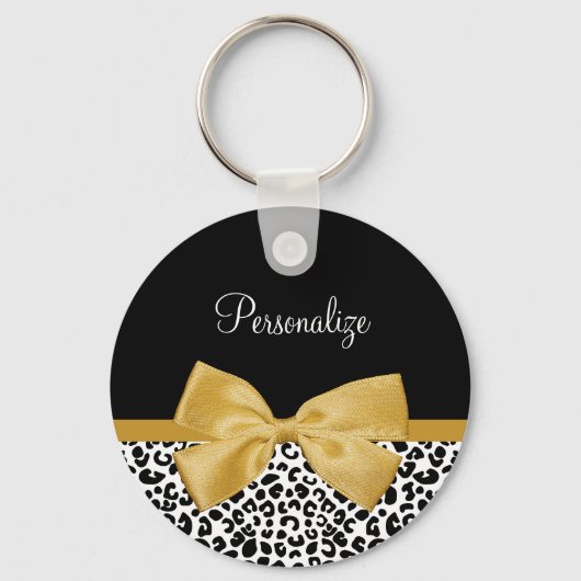 Girl Leopard Print Chic Gold Bow mit Namen Schlüsselanhänger (Vorderseite)