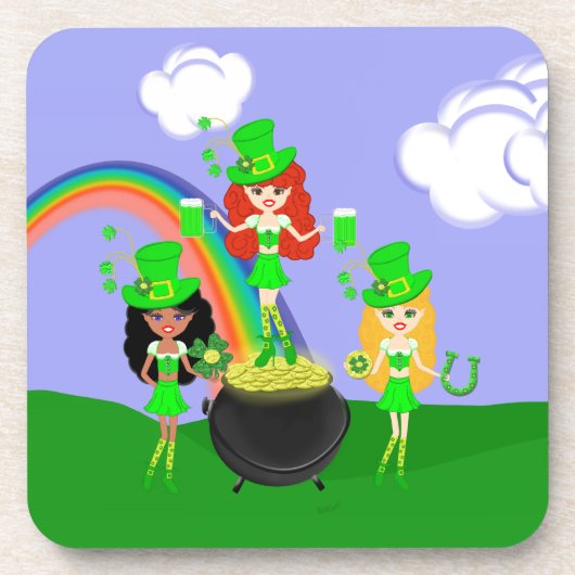 Girl Leprechauns Regenbogen und Gold Getränkeuntersetzer (Vorderseite)