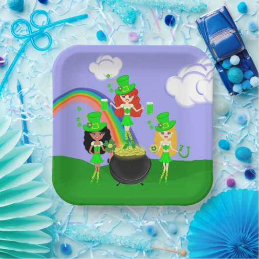 Girl Leprechauns Regenbogen und Gold Pappteller (Party)