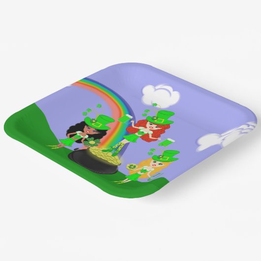 Girl Leprechauns Regenbogen und Gold Pappteller (Gewinkelt)