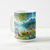 Girl Lesend a Book under a Tree with a Sleepy Cat Kaffeetasse (Vorderseite Links)